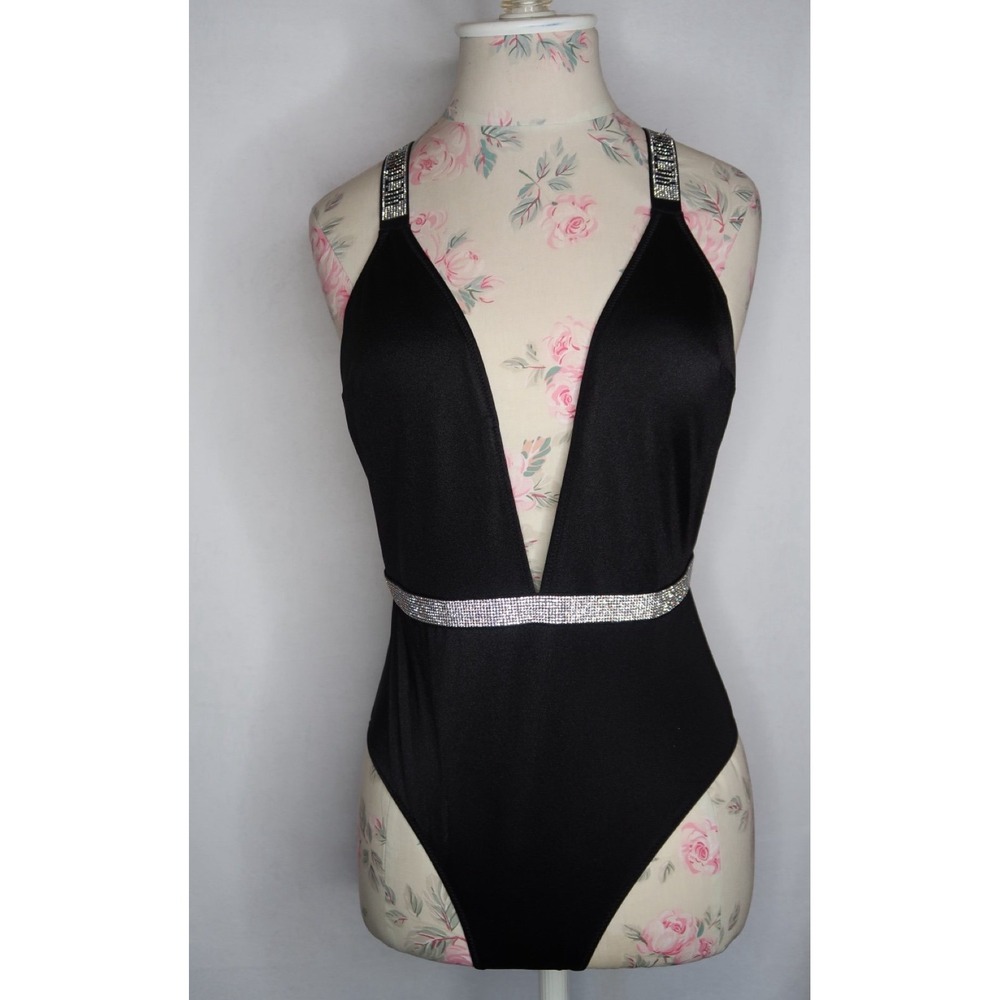Victoria's Secret Shine Strap Plunge One Piece Swimsuit Black Bling Sz M Beach